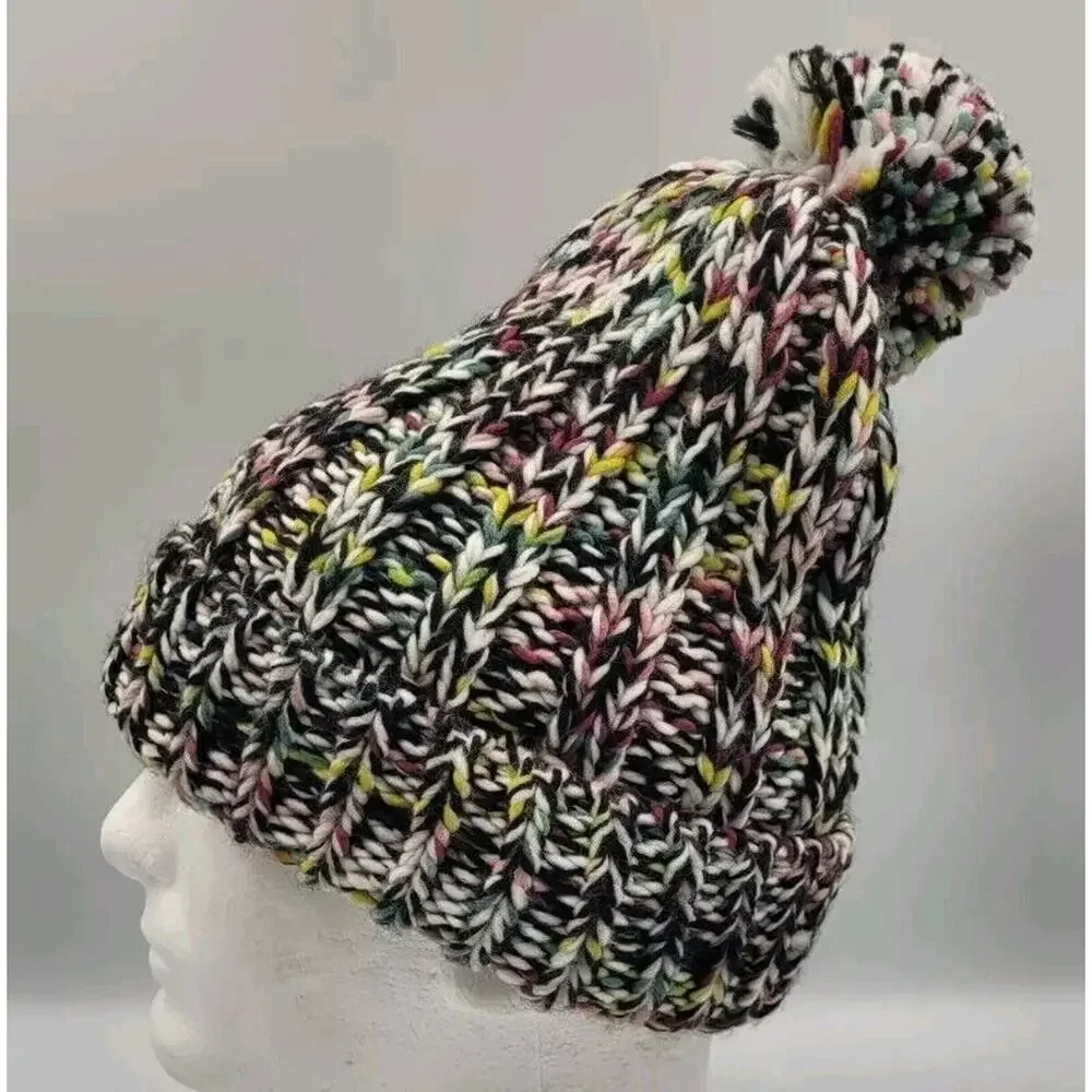 American‎ Eagle Beanie Hat Crochet Pom Multicolor Purple Pink Yellow Black White - Picture 2 of 7